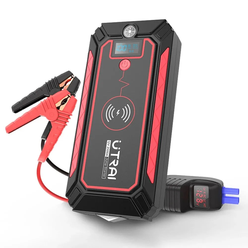 Black and red jump starter with clamps on a white background