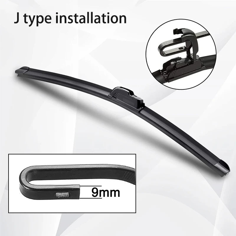 Car wiper blade with J type installation instructions on a white background