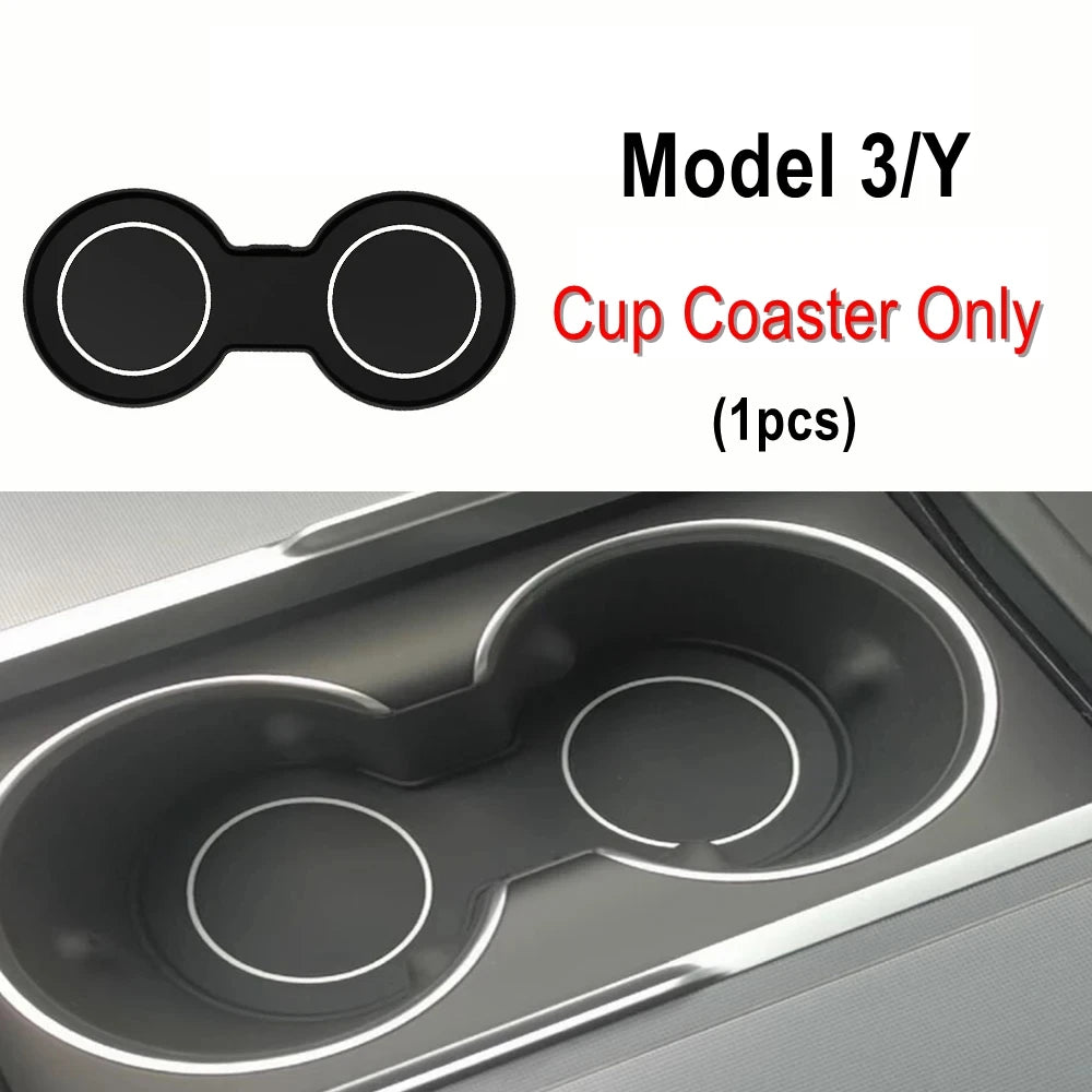 Car cup holder organizer with two cup holders and text indicating 'Model 3/Y' and 'Cup Coaster Only'.