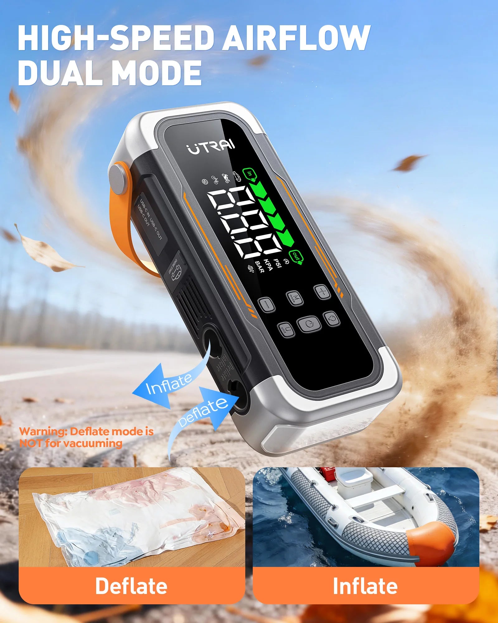 Digital device with high-speed airflow dual mode features, shown with deflation and inflation functions.