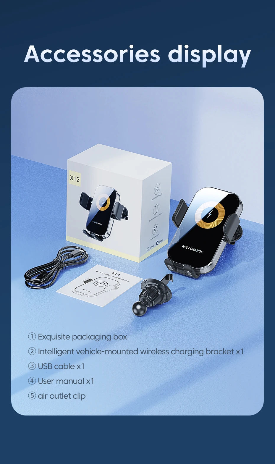 Smart Auto-Clamping Wireless Car Charger Mount – 15W Fast Charging Phone Holder