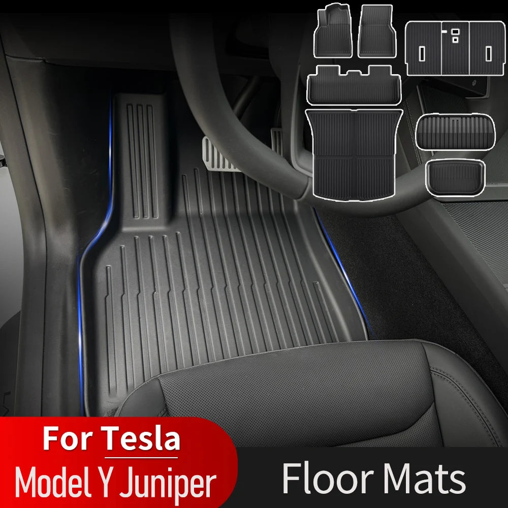 Car floor mats for Tesla Model Y Juniper with product packaging on a black background