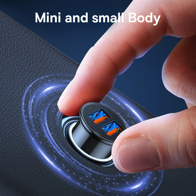 Hand pressing a small USB charger with text 'Mini and small Body' on a dark background