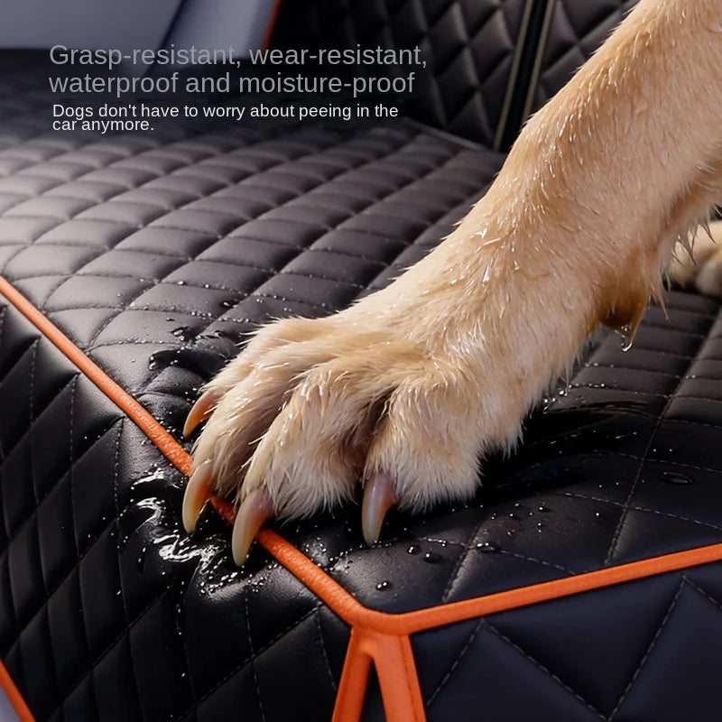 Dog paw on a waterproof car seat cover with text about product features.