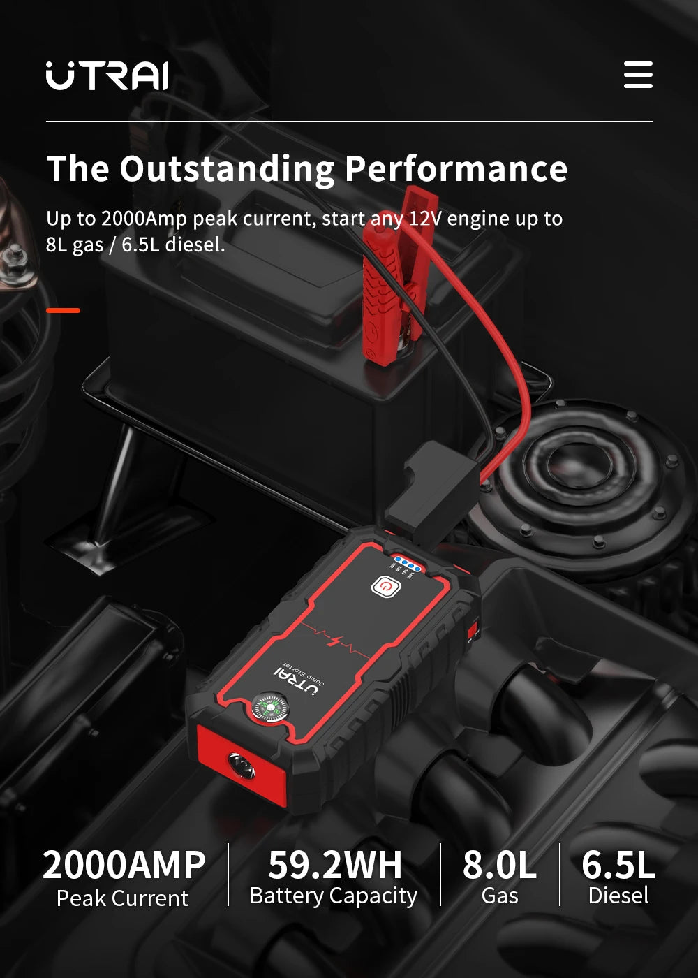 Car jump starter with UTRAI branding on a black car interior background