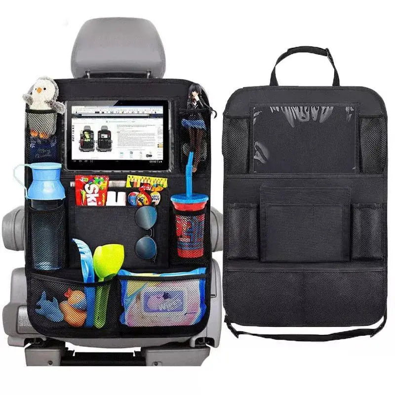 Car seat organizer with multiple pockets and a tablet holder, shown on a car seat and separately.