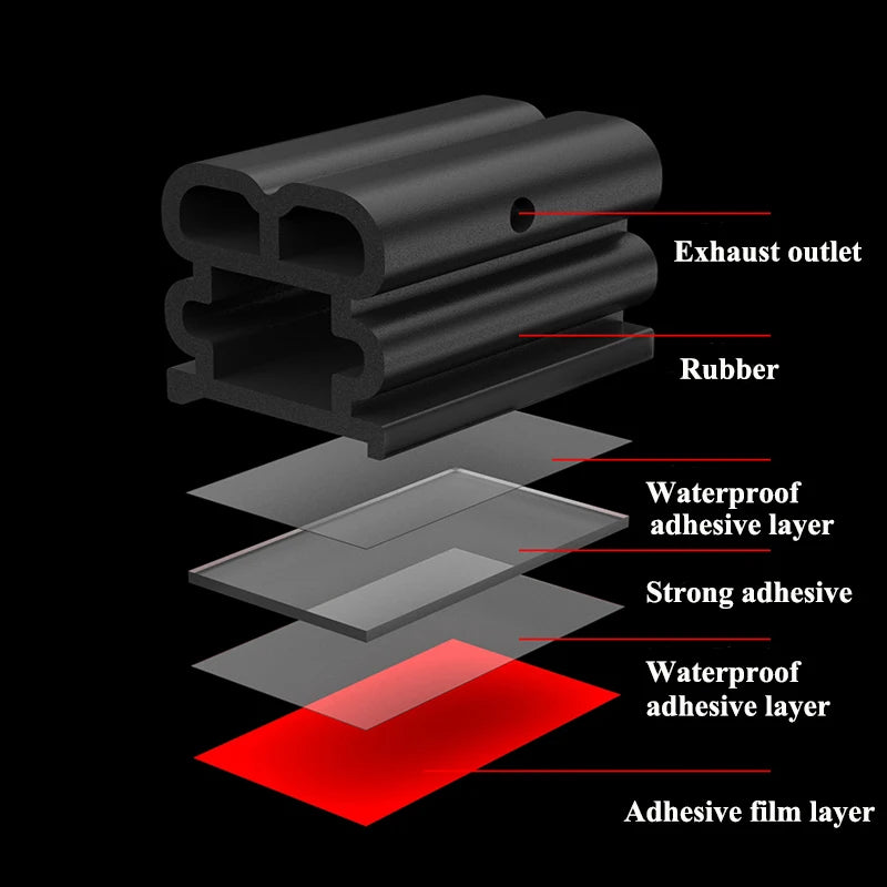 Cross-sectional diagram of a black exhaust gasket with labeled layers on a black background