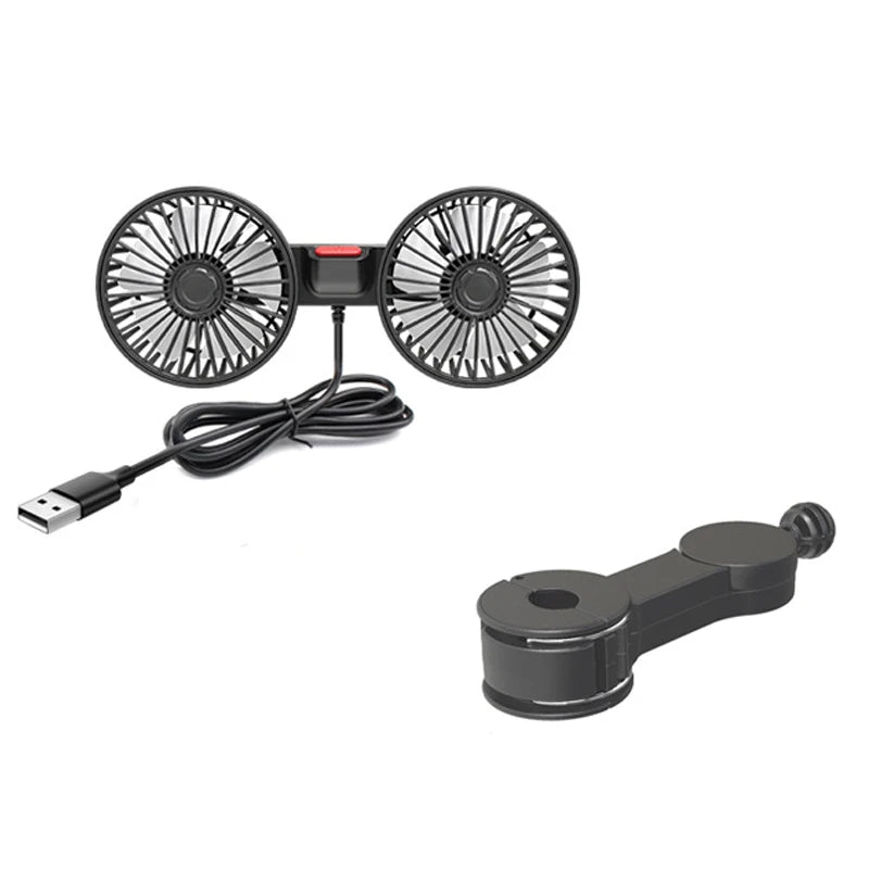 Black USB car fan with adjustable arm on a white background