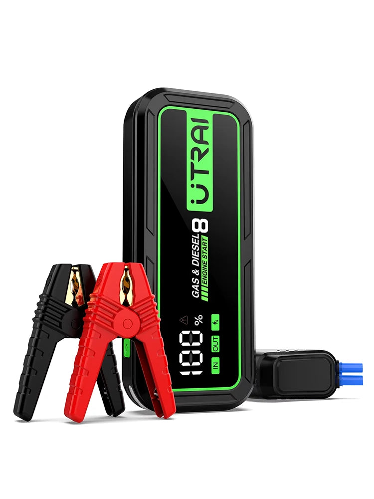 LUTRAI jump starter with clamps on a white background