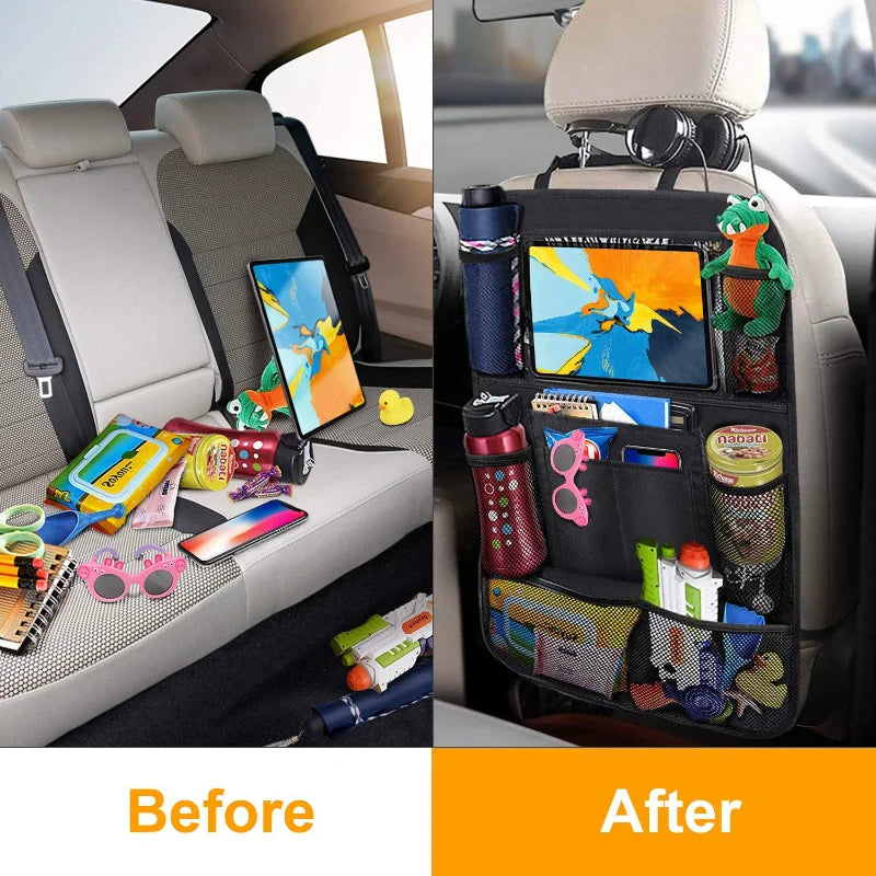 Car seat organizer before and after comparison showing organized space with various items.