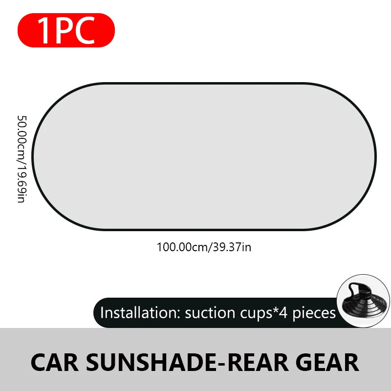Car sunshade for rear gear with dimensions and installation details on a white background