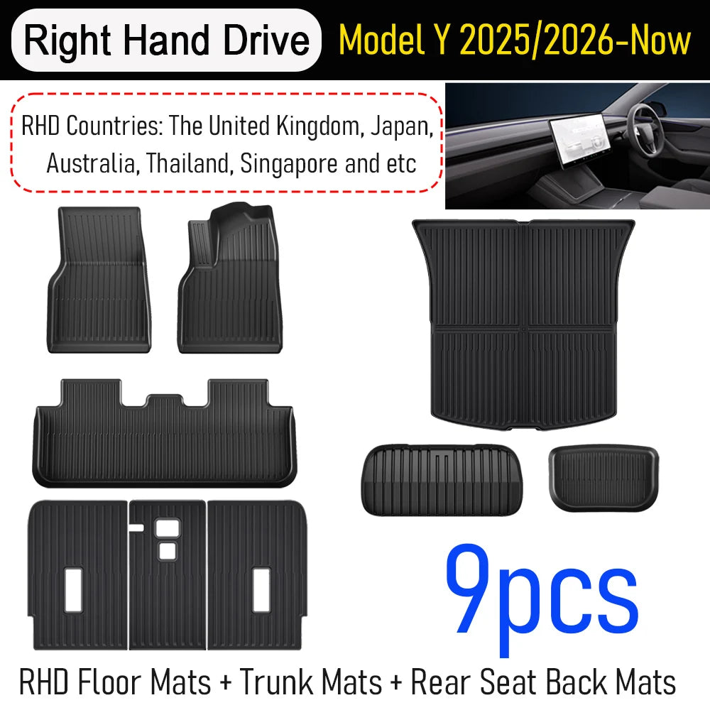 Set of 9 car floor mats, trunk mat, and rear seat back mats for RHD countries with text indicating model compatibility.
