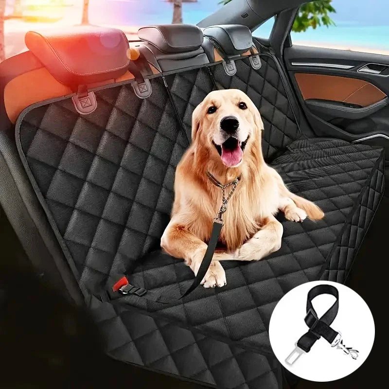 Dog sitting on a black car seat cover with a leash, inside a vehicle.
