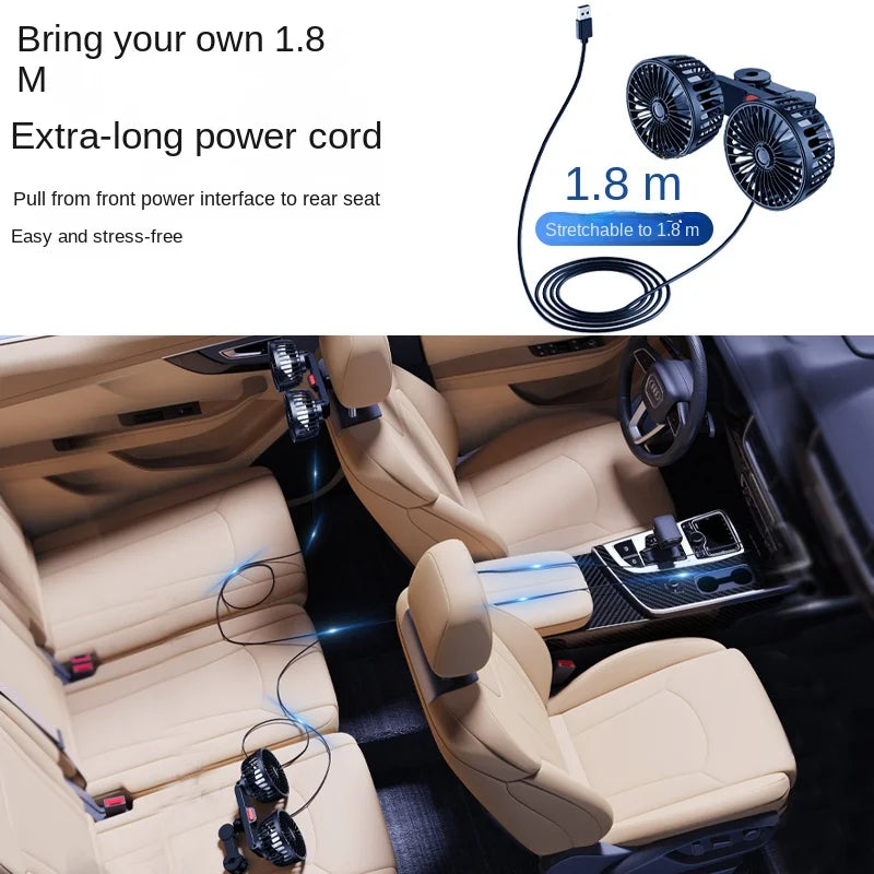 Car interior with 1.8 meter power cord extension, showing connectivity from front to rear seat.