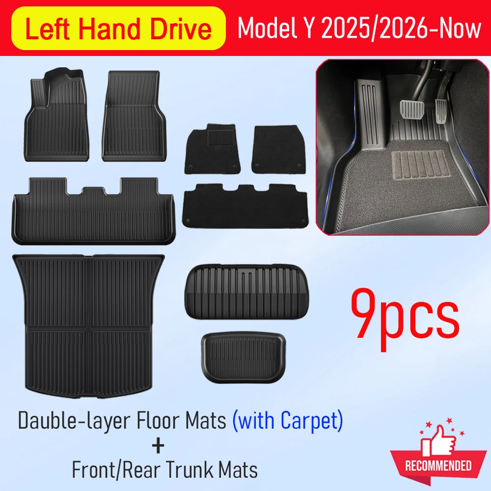 Set of 9pcs car floor mats with front/rear trunk mats on a light blue background, featuring text about left-hand drive model and year range.
