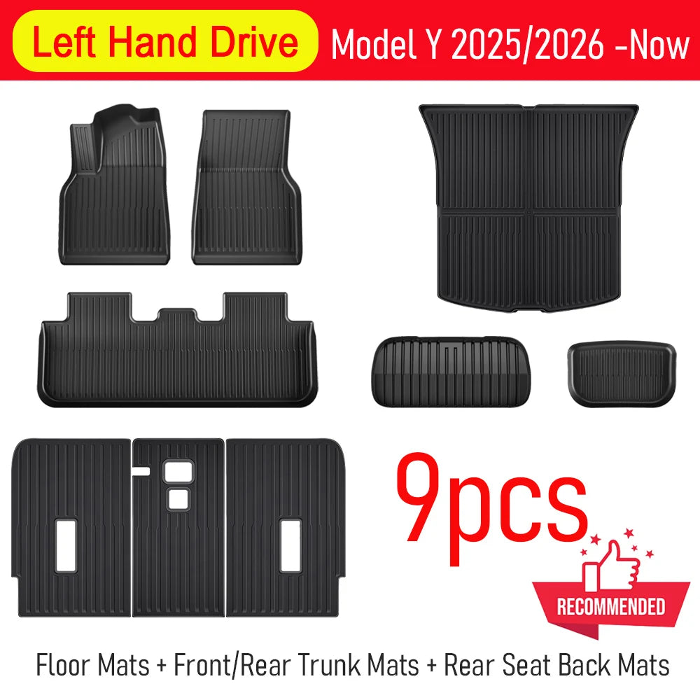Set of black car mats with text indicating model compatibility and number of pieces on a white background.