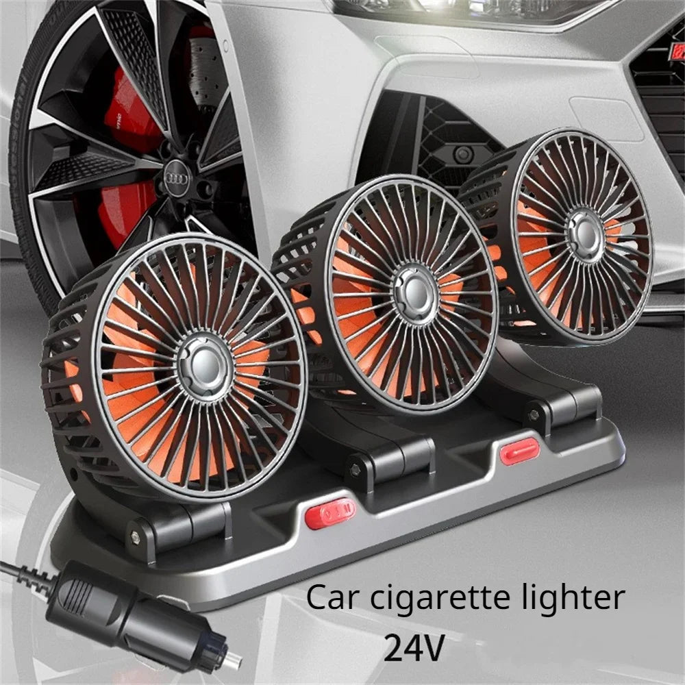 Car-mounted fan with 24V power supply attached to a car's dashboard.