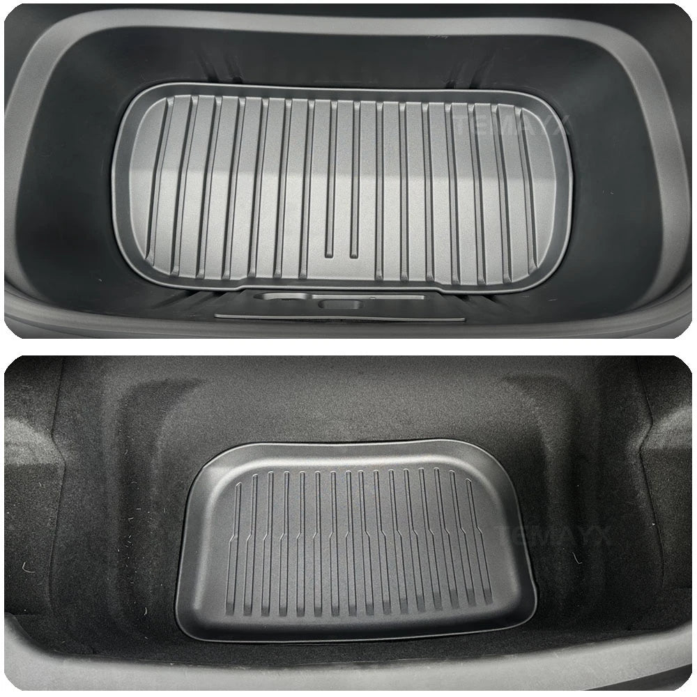 Car floor mat with textured surface in a black container