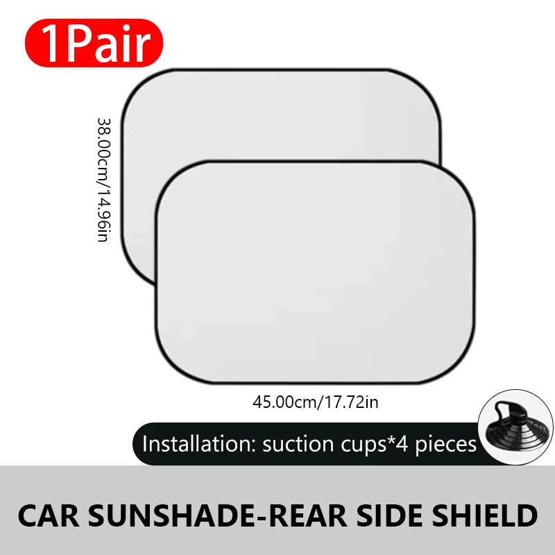 Car sunshade rear side shield with dimensions and installation details on a white background