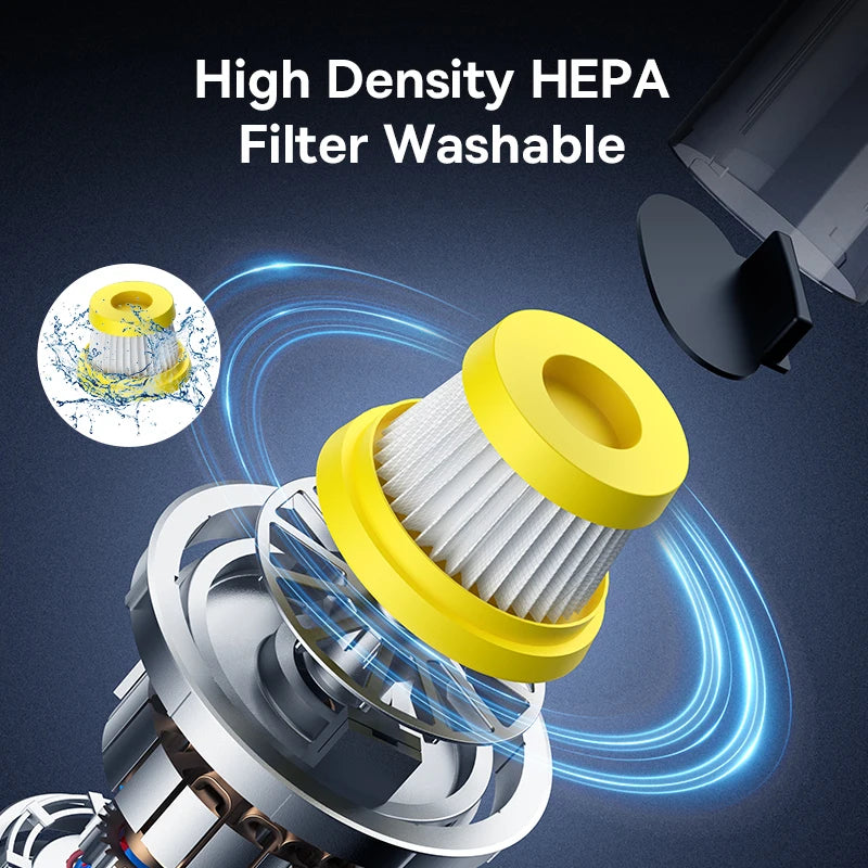 High Density HEPA filter with yellow top and white core, shown with a vacuum cleaner in the background.