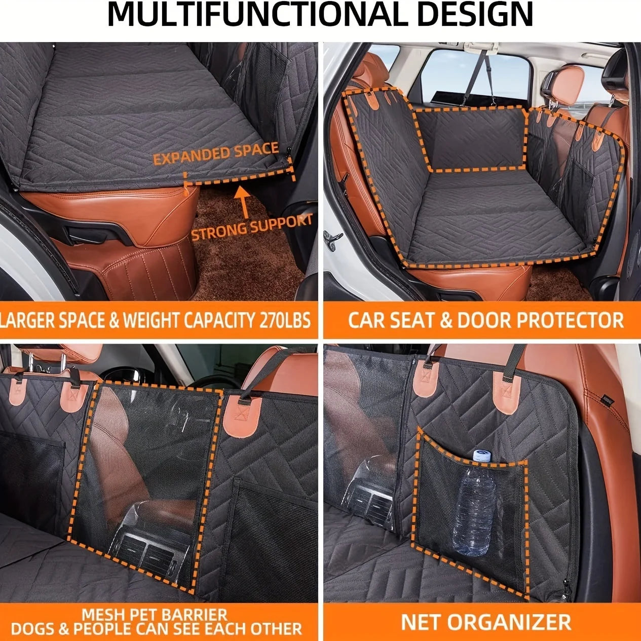 Multifunctional car seat cover with expanded space, strong support, mesh pet barrier, and net organizer features.