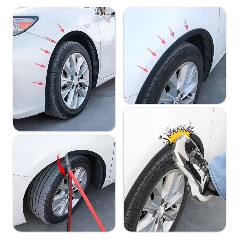 Collage of a car tire with a rim guard, showing its use and benefits.