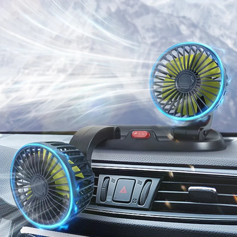 Two car air fresheners with blue light on a car dashboard