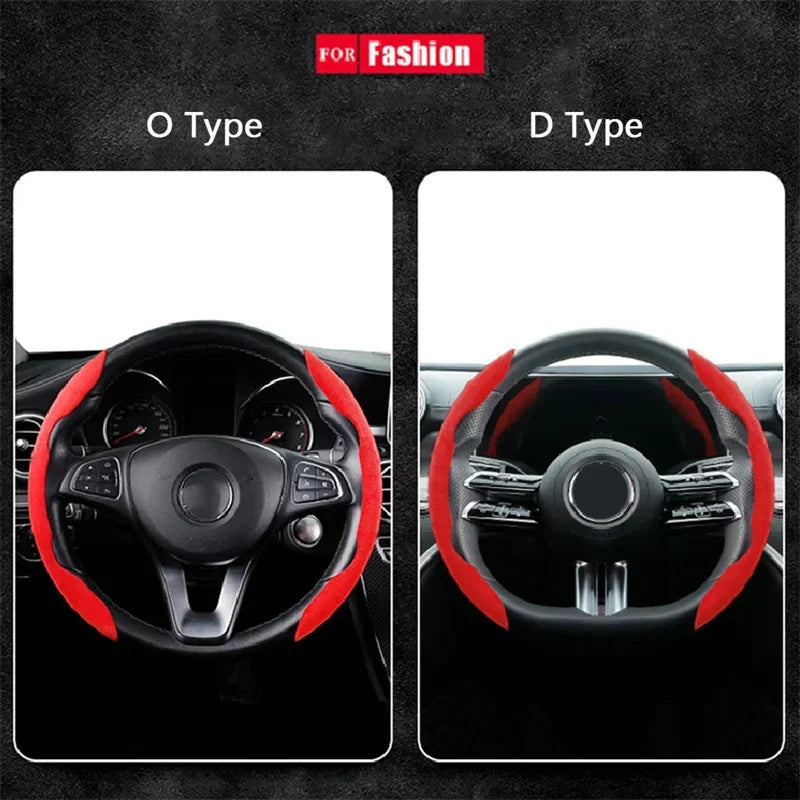 Two steering wheels labeled 'O Type' and 'D Type' with a red 'FOR FASHION' label on a dark background.