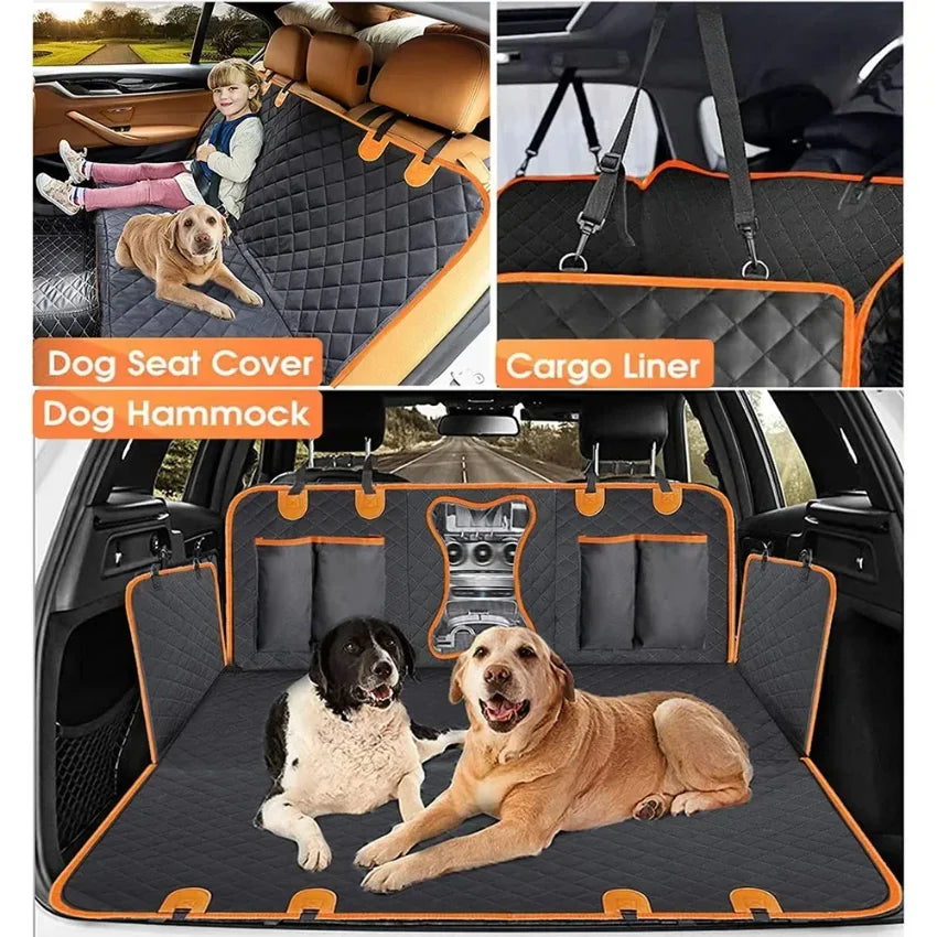 Dog seat cover, cargo liner, and hammock for car interior with dogs on a road trip.