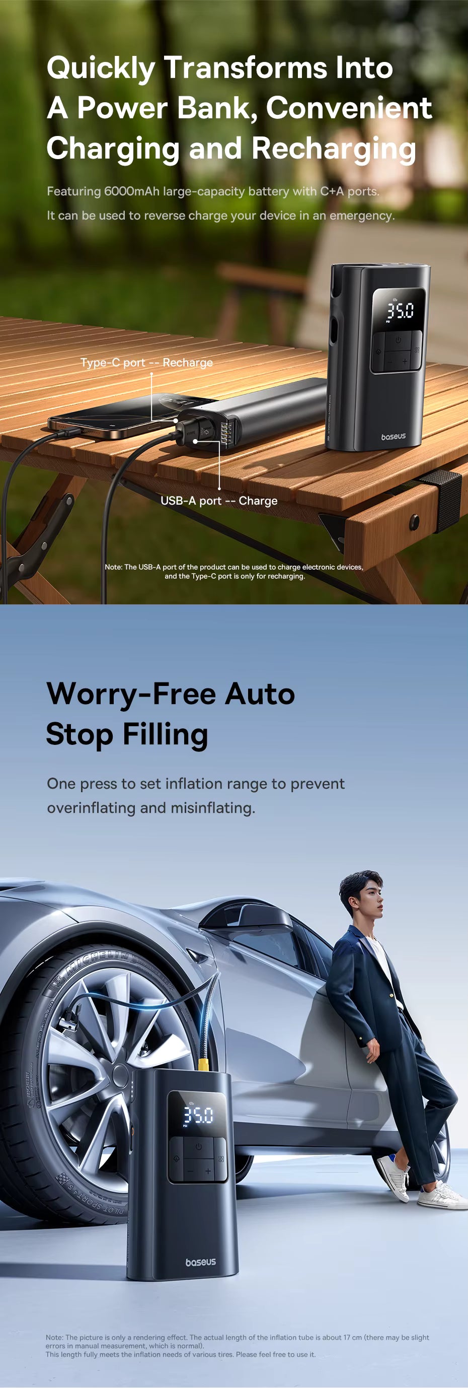 Baseus 2-in-1 Wired & Wireless Tire Inflator with Flashlight