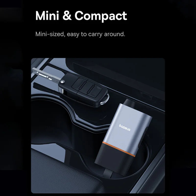 Compact device in a car cup holder with 'bocus' branding, labeled as mini and easy to carry.