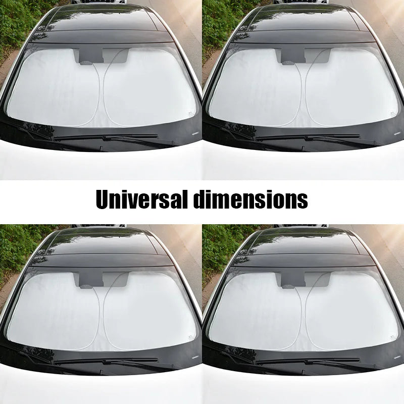 Four views of a car sunshade with 'Universal dimensions' text overlay.