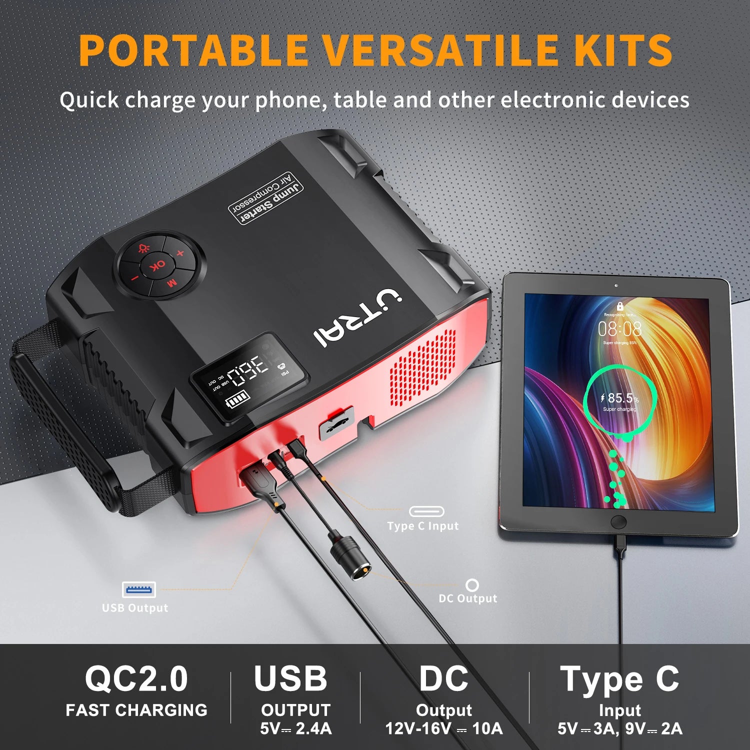 Portable charging device with tablet on a gray background, featuring UT321 branding.