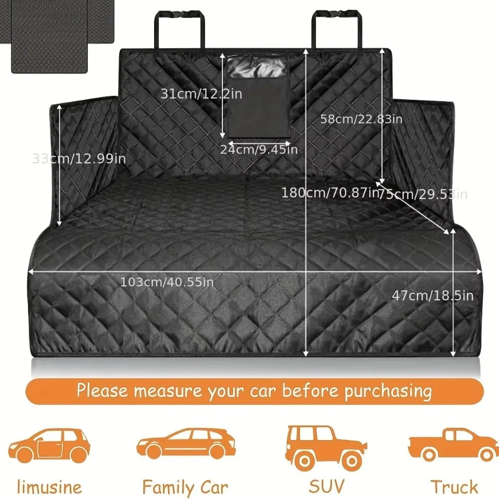 Black car seat cover with measurements and vehicle type icons on a white background