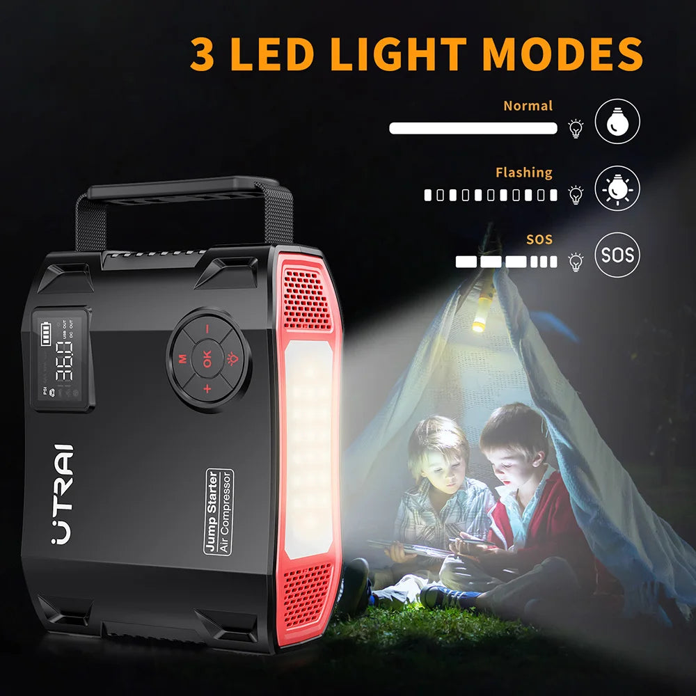Portable power station with LED light modes displayed, showing two children under a tent.
