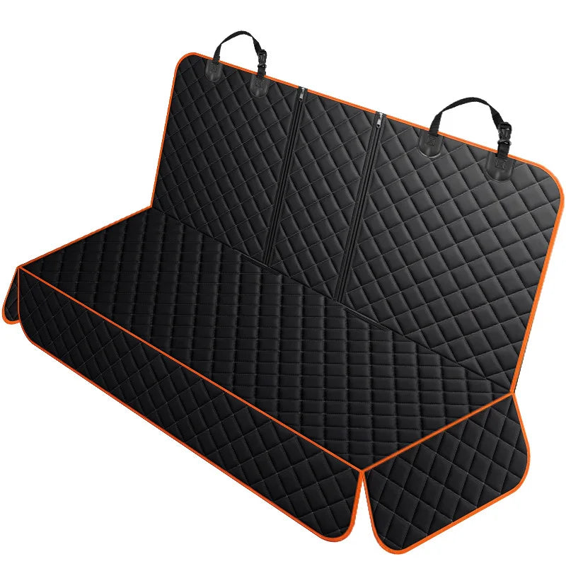 Black quilted car bench seat cover with orange trim on a white background
