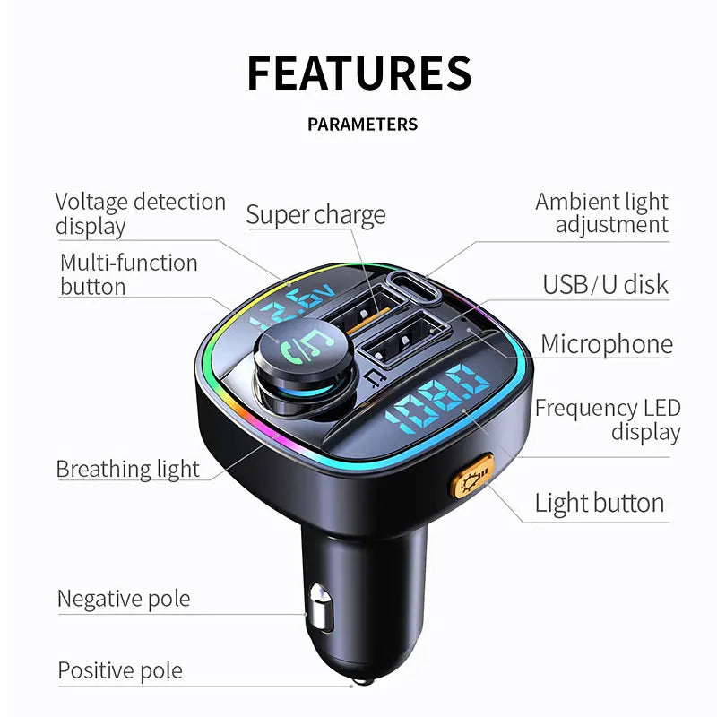 Bluetooth 5.0 FM Transmitter Car Charger with 22.5W Fast Charging
