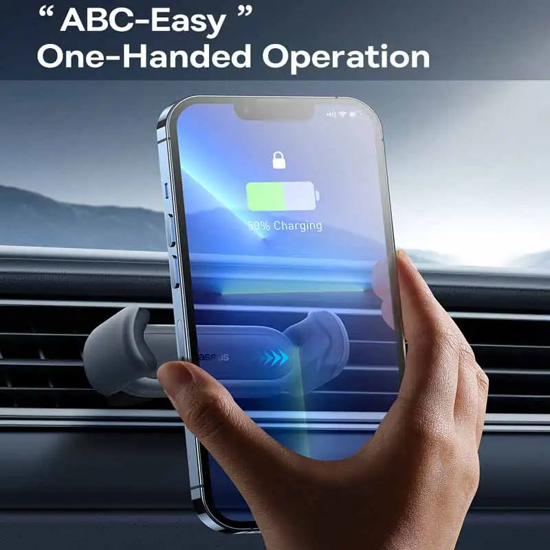 Hand holding a smartphone with a car mount, displaying 'ABC-Easy One-Handed Operation' text.