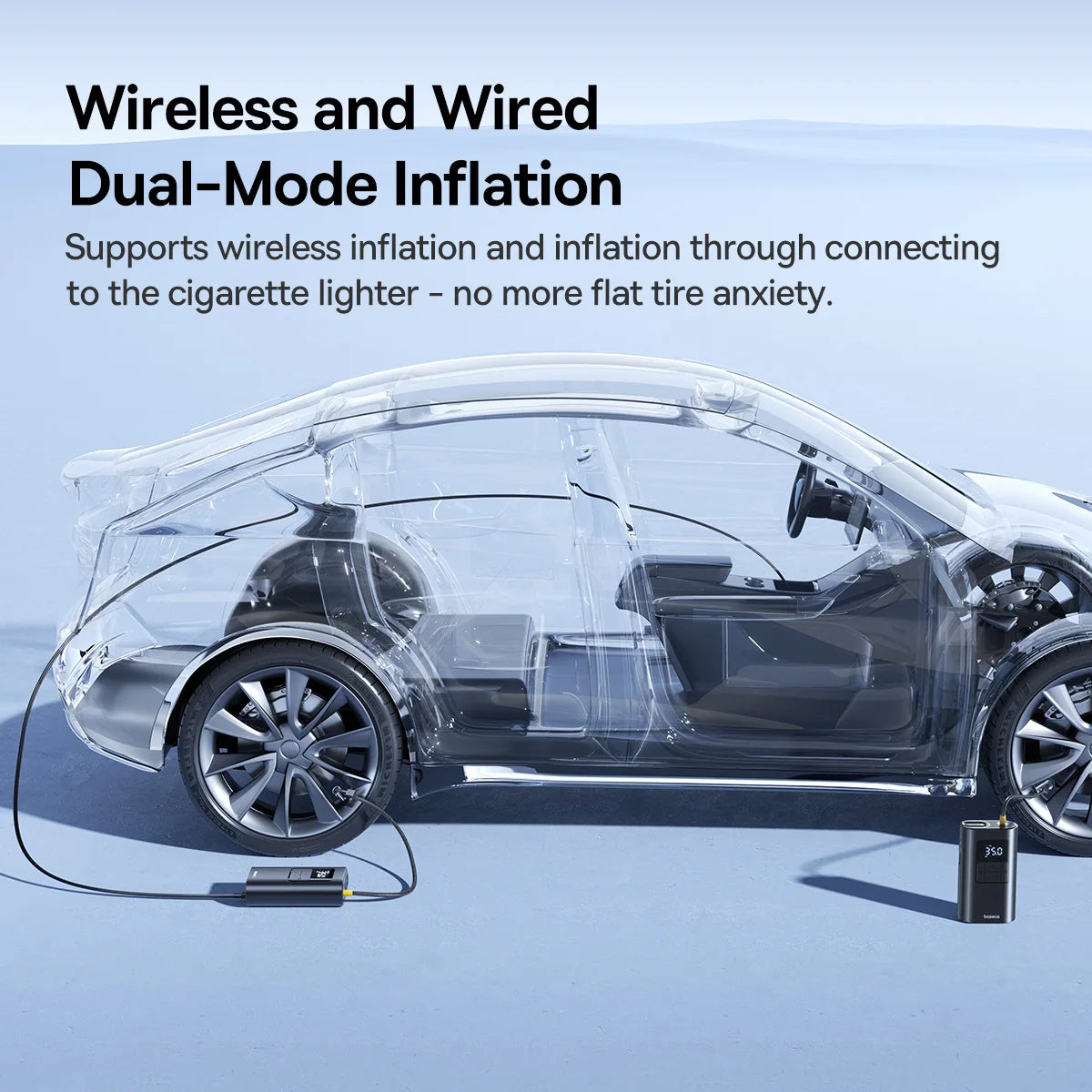 Transparent car model with wireless and wired dual-mode inflation system on a light blue background.
