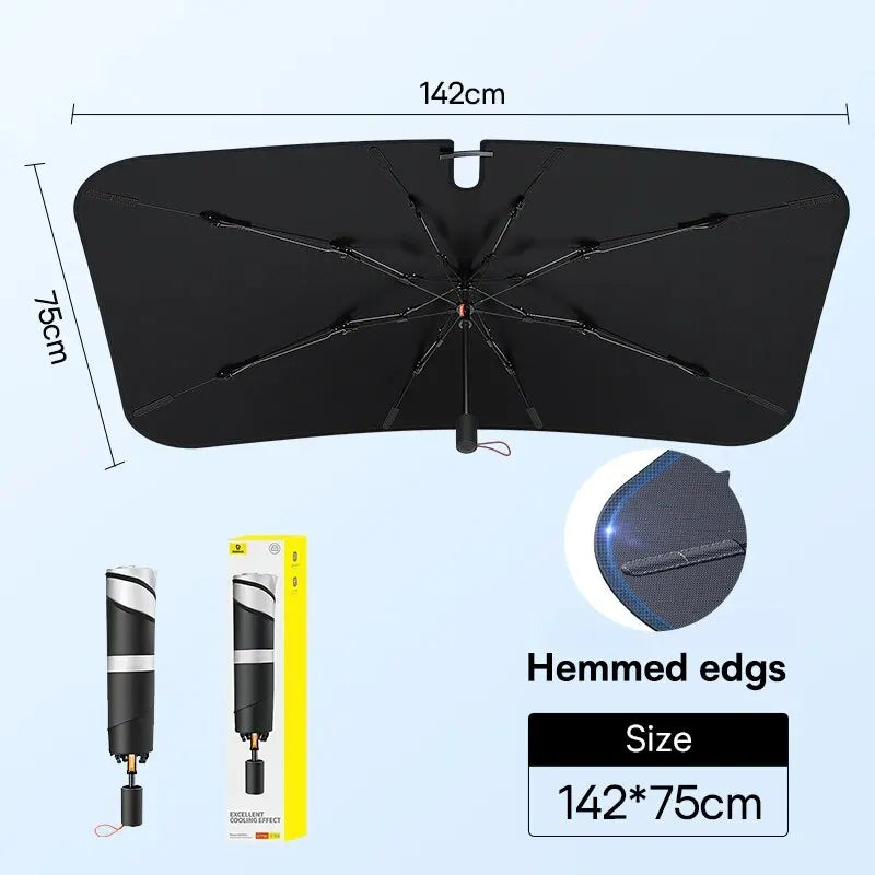 Black umbrella with measurements and hemmed edges details on a light blue background