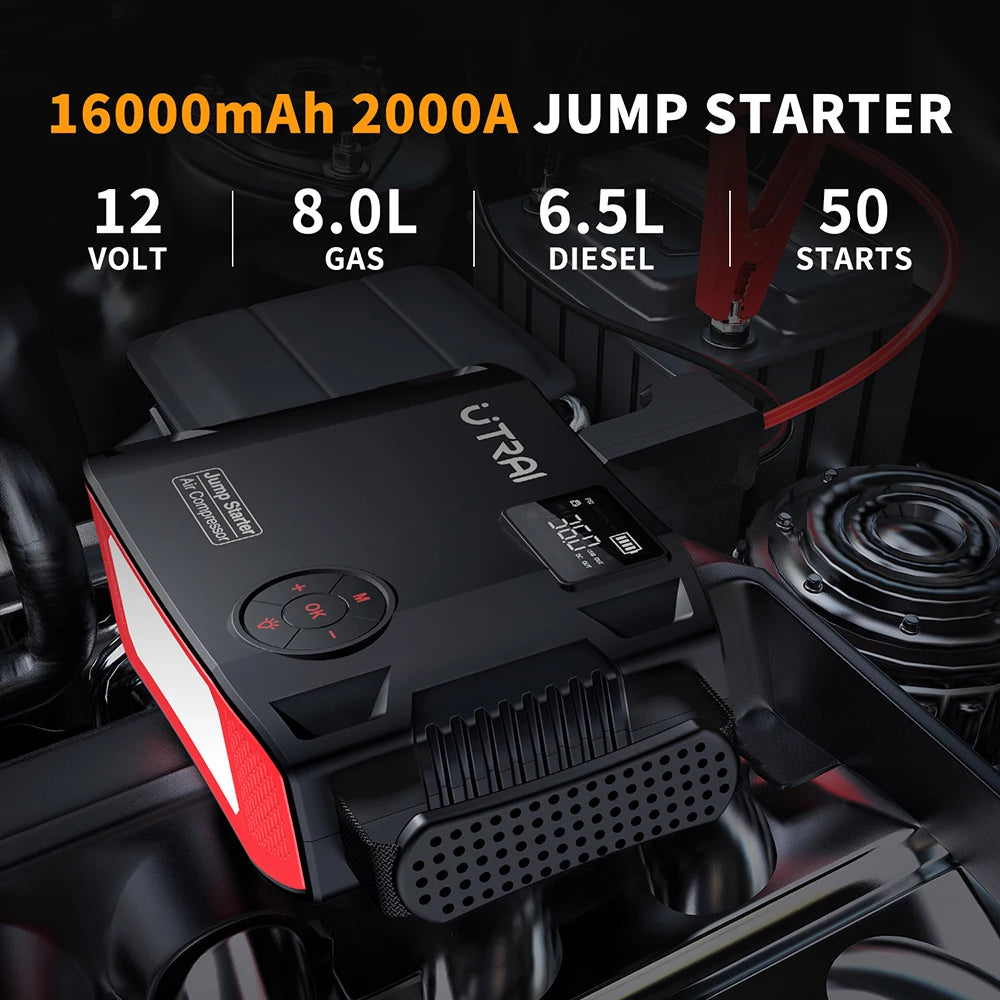 Jump starter with specifications on a car battery background