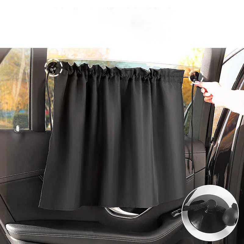 Black car curtain being adjusted inside a vehicle with a close-up of the curtain's hook.