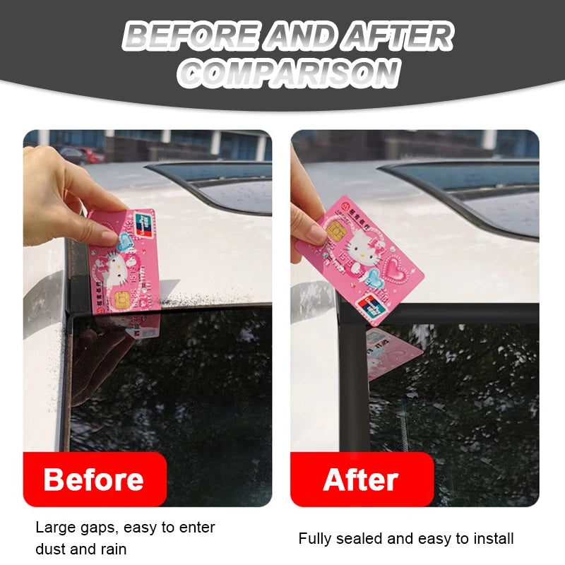 Before and after comparison of a pink card on a car window, showing large gaps before and fully sealed after.