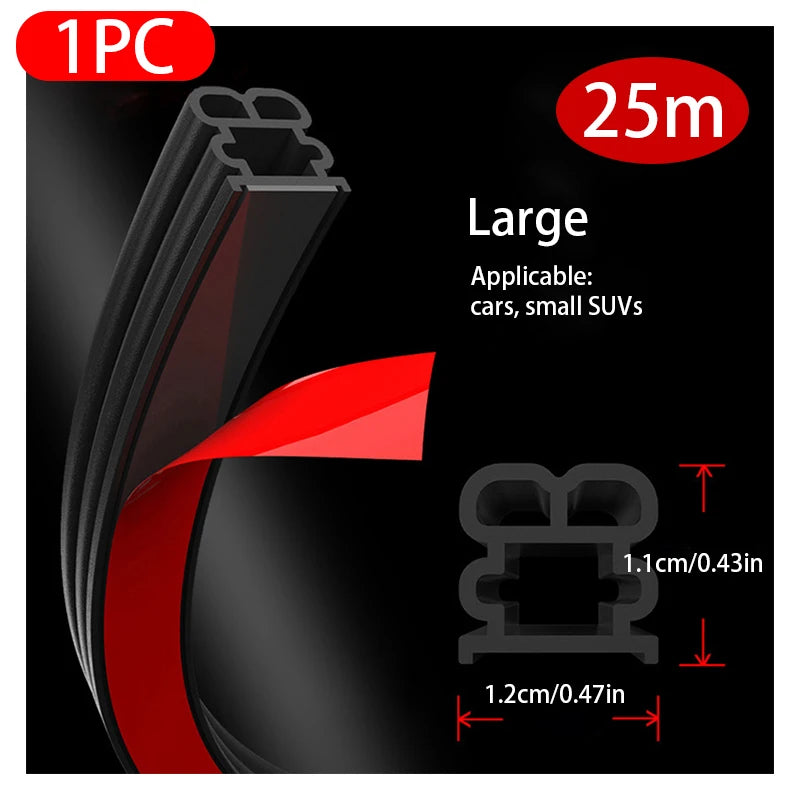 Car window seal strip packaging with dimensions and applicability details on a black background