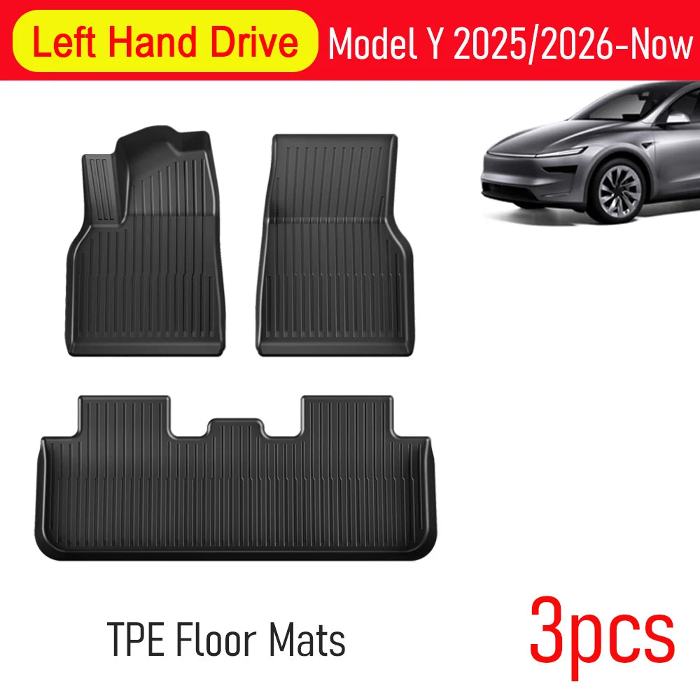 Three black TPE floor mats for a Tesla Model Y with text indicating left-hand drive and model year compatibility.