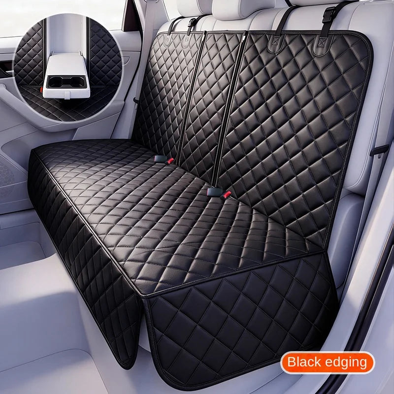 Black quilted car seat cover with black edging in a vehicle interior.