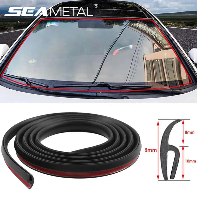 Car window trim strip with Sea Metal branding, showing a car window and a roll of trim strip with dimensions.