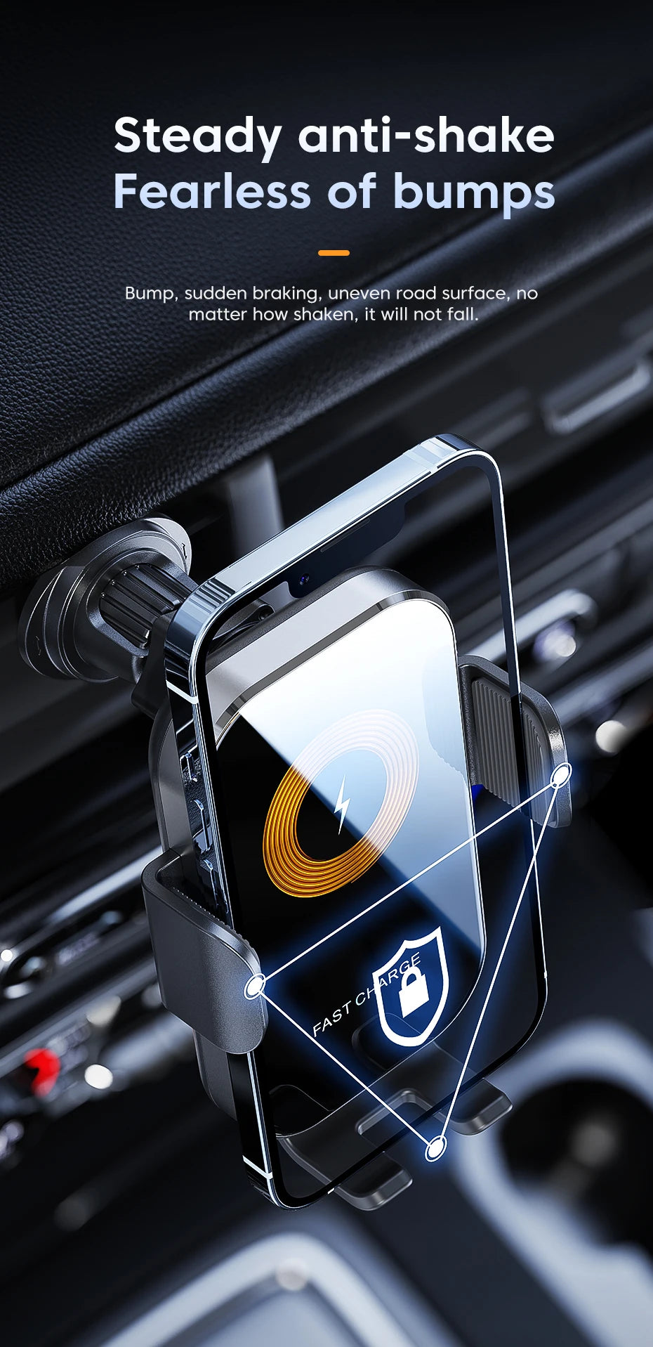 Smart Auto-Clamping Wireless Car Charger Mount – 15W Fast Charging Phone Holder