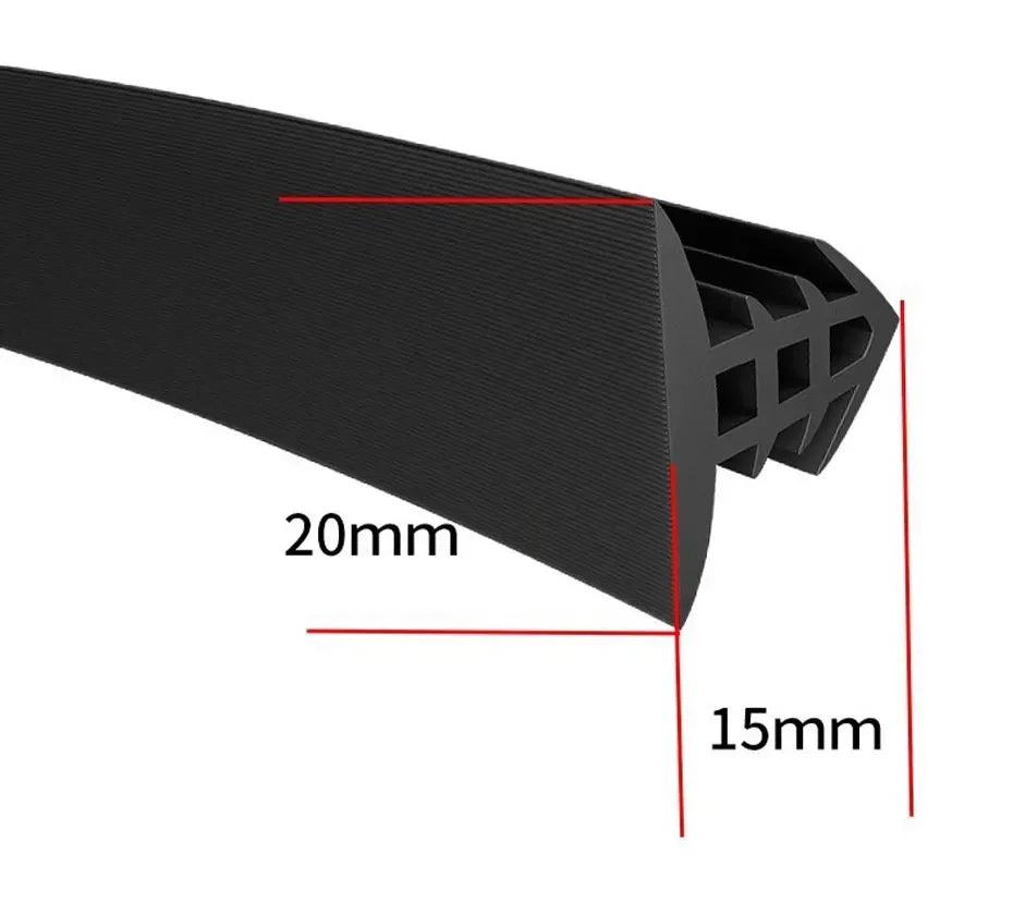 Black rubber strip with measurements on a white background