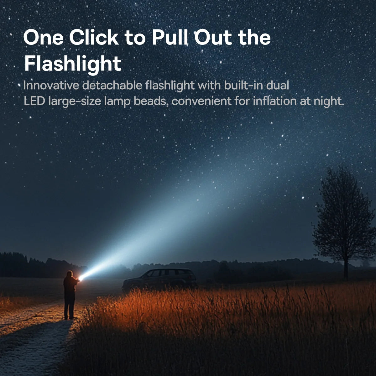 Person using a flashlight in a dark field with a car and tree in the background.